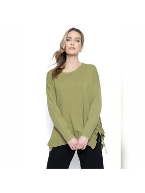 Piccadilly Side Tie Rib Knit 3/4 Sleeve Sweater Top Fern Green Women's Size S